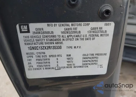 2002 Chevrolet Tahoe Ls из США, поврежденный, VIN 1GNEC13ZX2R135330